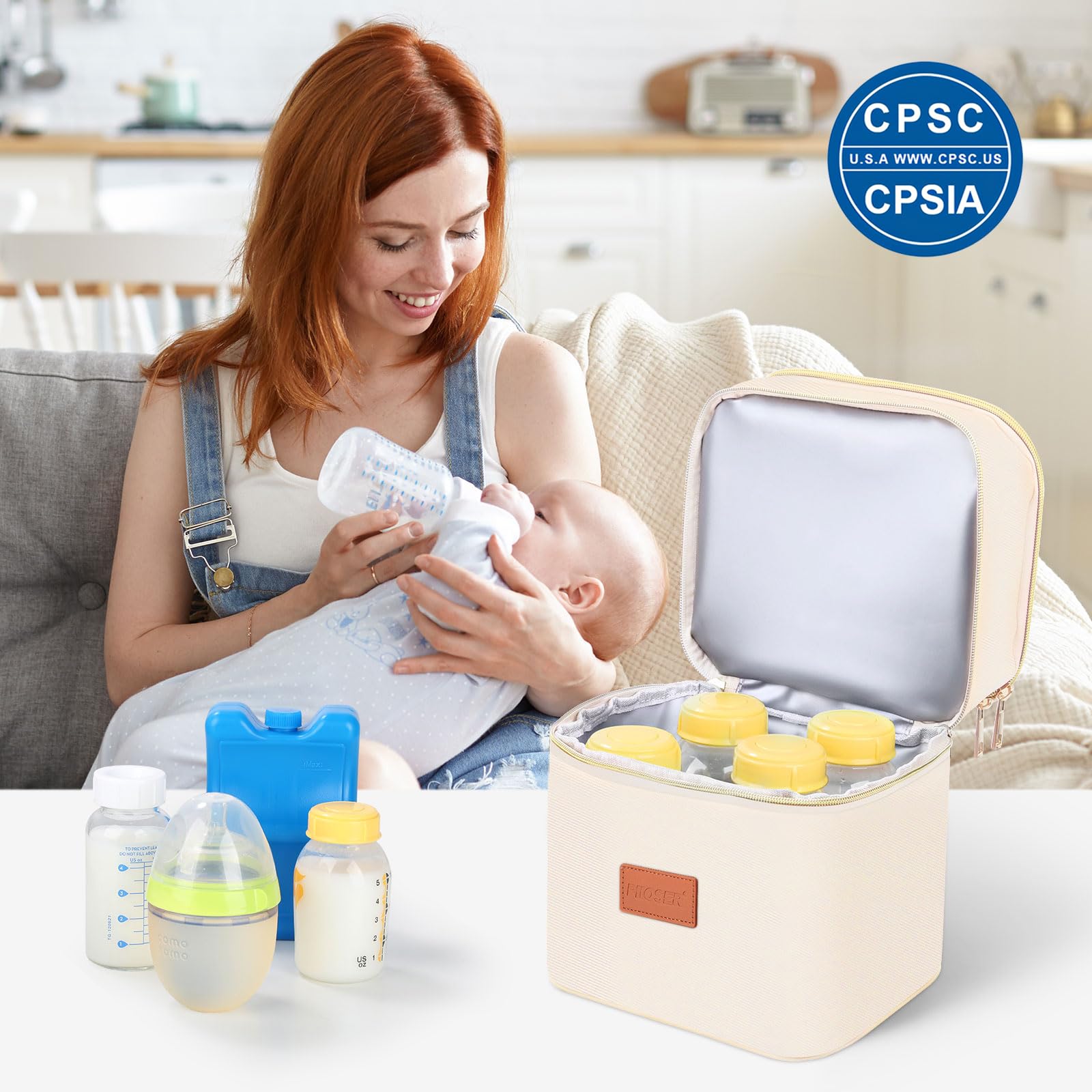 PIIOSER Insulated Baby Cooler Bag with Ice Pack, Fits 4 Baby Bottles Up to 5 Ounce, Portable Breastmilk Cooler Travel Bag with Buckle for Nursing & Working Mom Daycare, Cream
