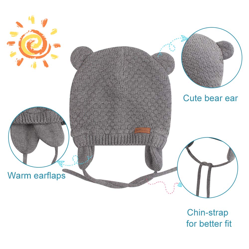 BAVST Baby Toddler Winter Beanie Warm Boys Girls Earflap Hat Infant Knit Caps Cute Bear Soft Cotton Lining for 0-36M(Grey-Light,L)