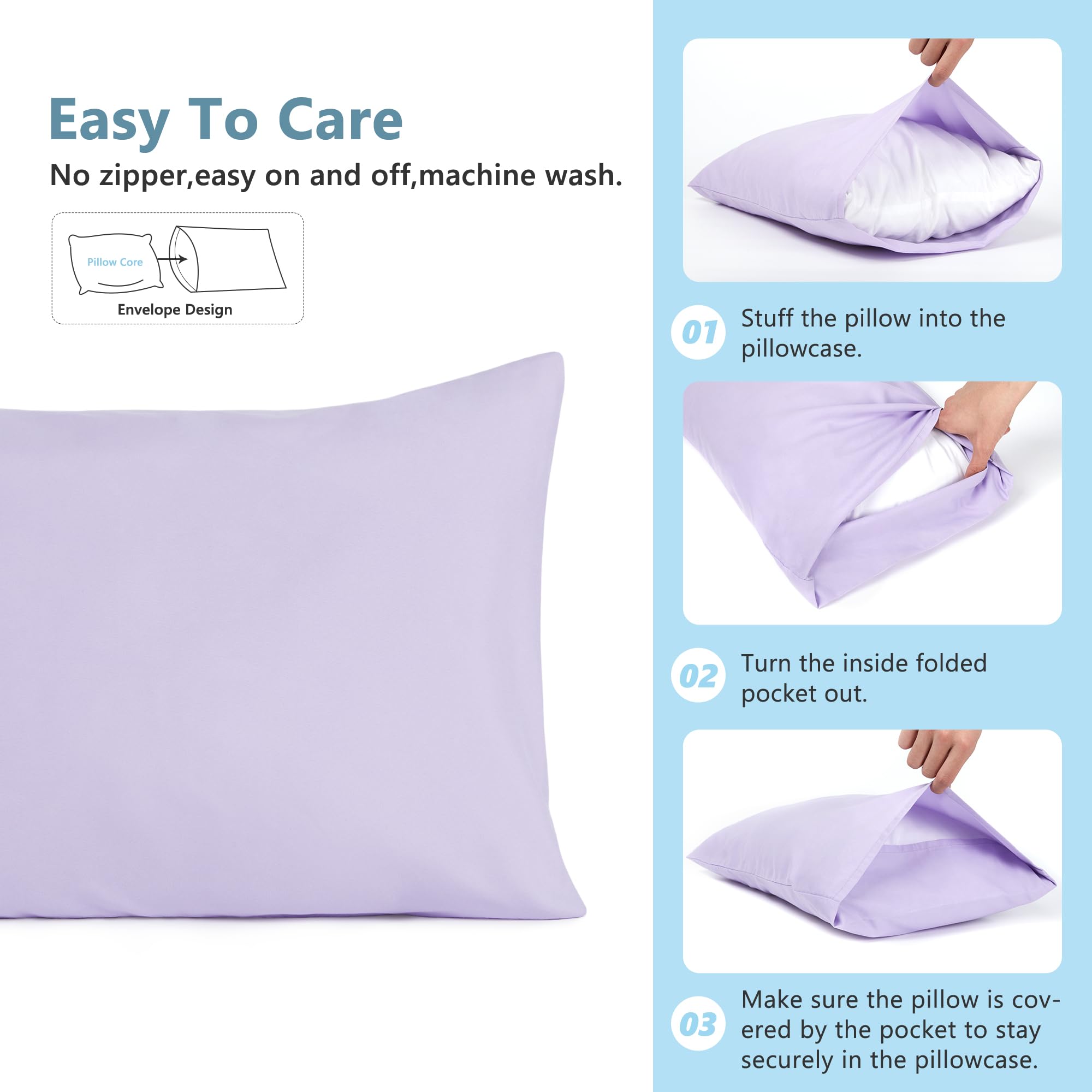 TILLYOU Toddler Pillowcase 2 Pack with Envelope Closure,13" x 18" Silky Soft Microfiber Travel Kids Pillowcase for Boys and Girls,Light Purple & Light Pink
