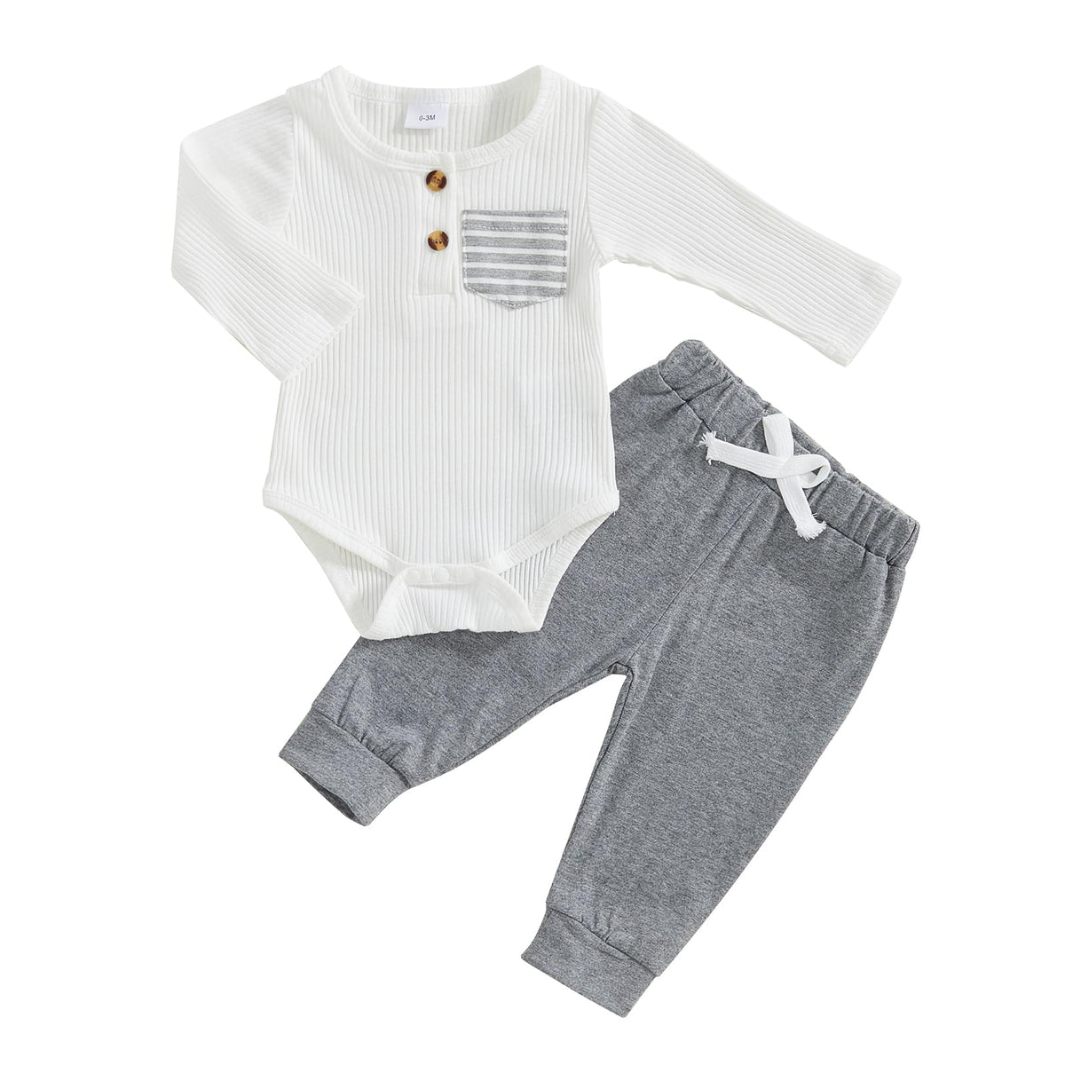 fhutpw Baby Boy Clothes 3 6 12 18 Months Ribbed Knitted Long Sleeve Romper and Pants Sets Newborn Fall Splicing Color Outfits (White&Brown, 3-6 Months)