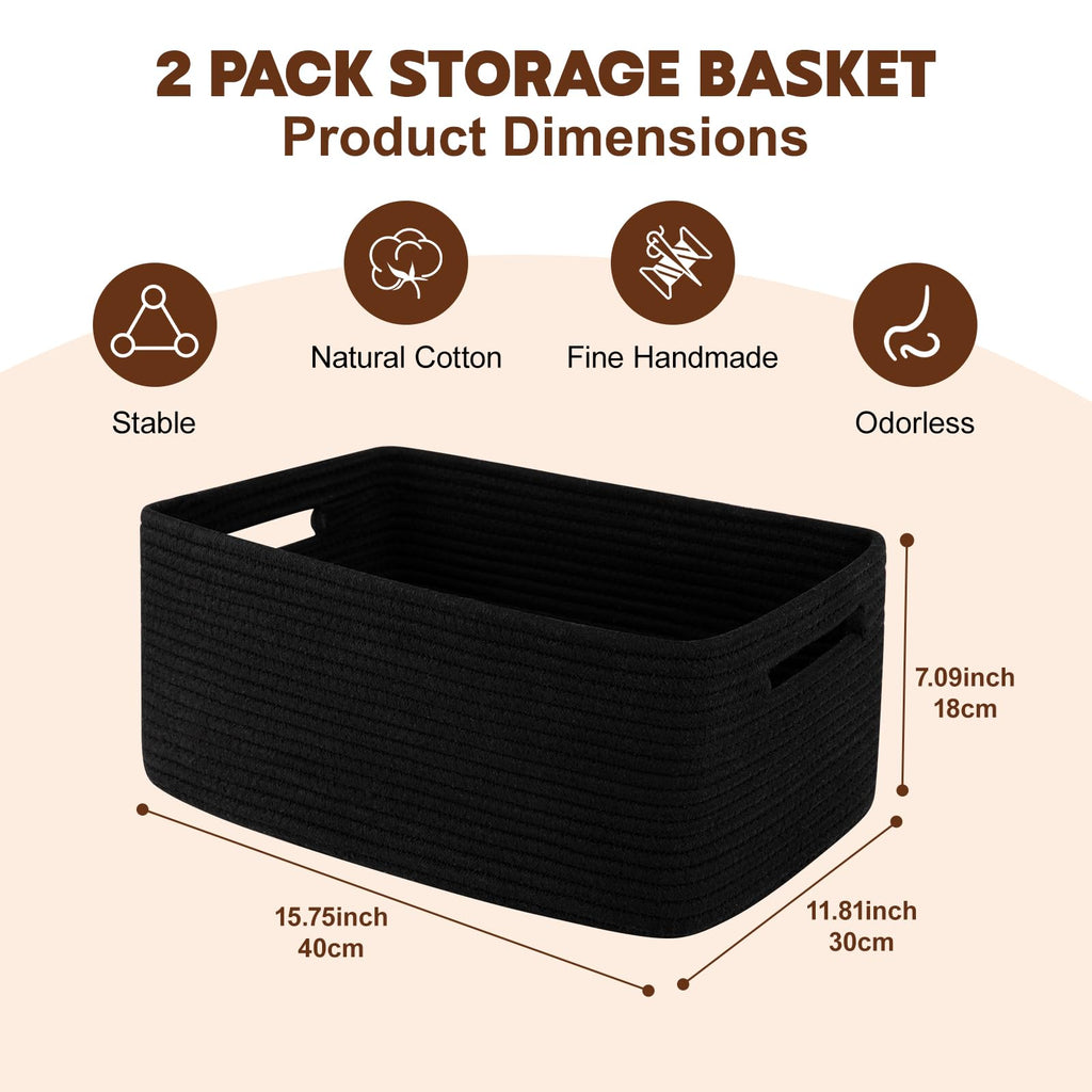 OIAHOMY Storage Basket for Shelves, Closet Cube Storage Bins Baskets for Clothes Blanket Towels, Baby Nursery, Toy Baskets Box, Woven Rope Basket, 15.75 * 11.81 * 7.09 IN, 2 Packs Black