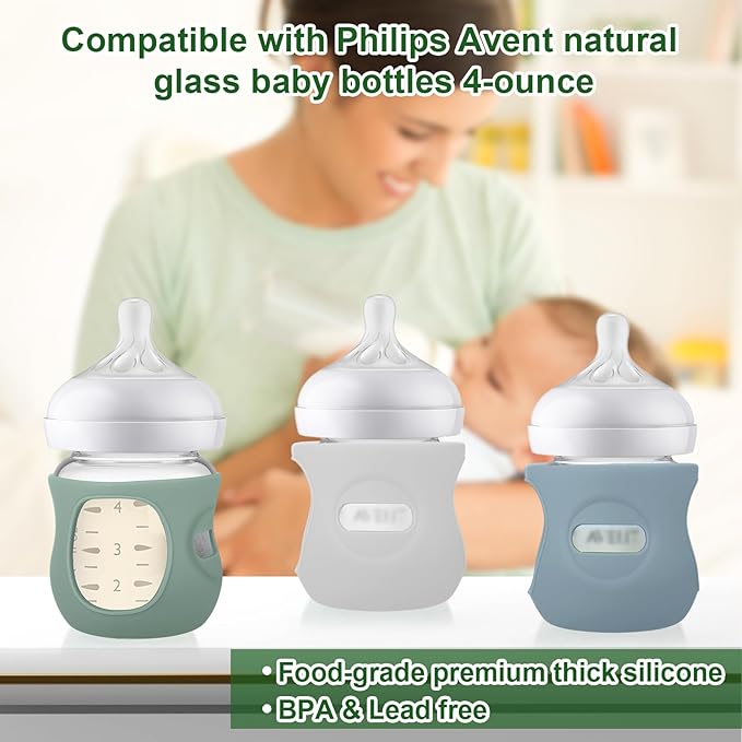 Juome Silicone Sleeves for Avent Natural Glass Baby Bottle - 3 Pack Anti Breakage Baby Bottles Holder, Compatible with Philips Avent Anti Colic Baby Bottles 4 oz