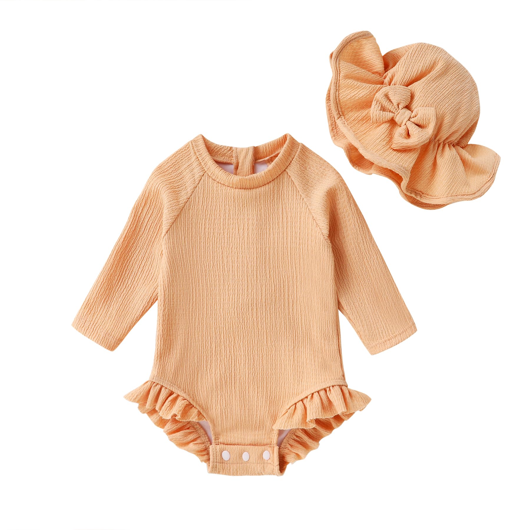 YOUNGER TREE Infant Baby Girls Long Sleeve Swimsuit One Piece Swimsuit Solid Color Bathing Suit with Hat, UPF 50+（Light Orange, 18-24 Months）