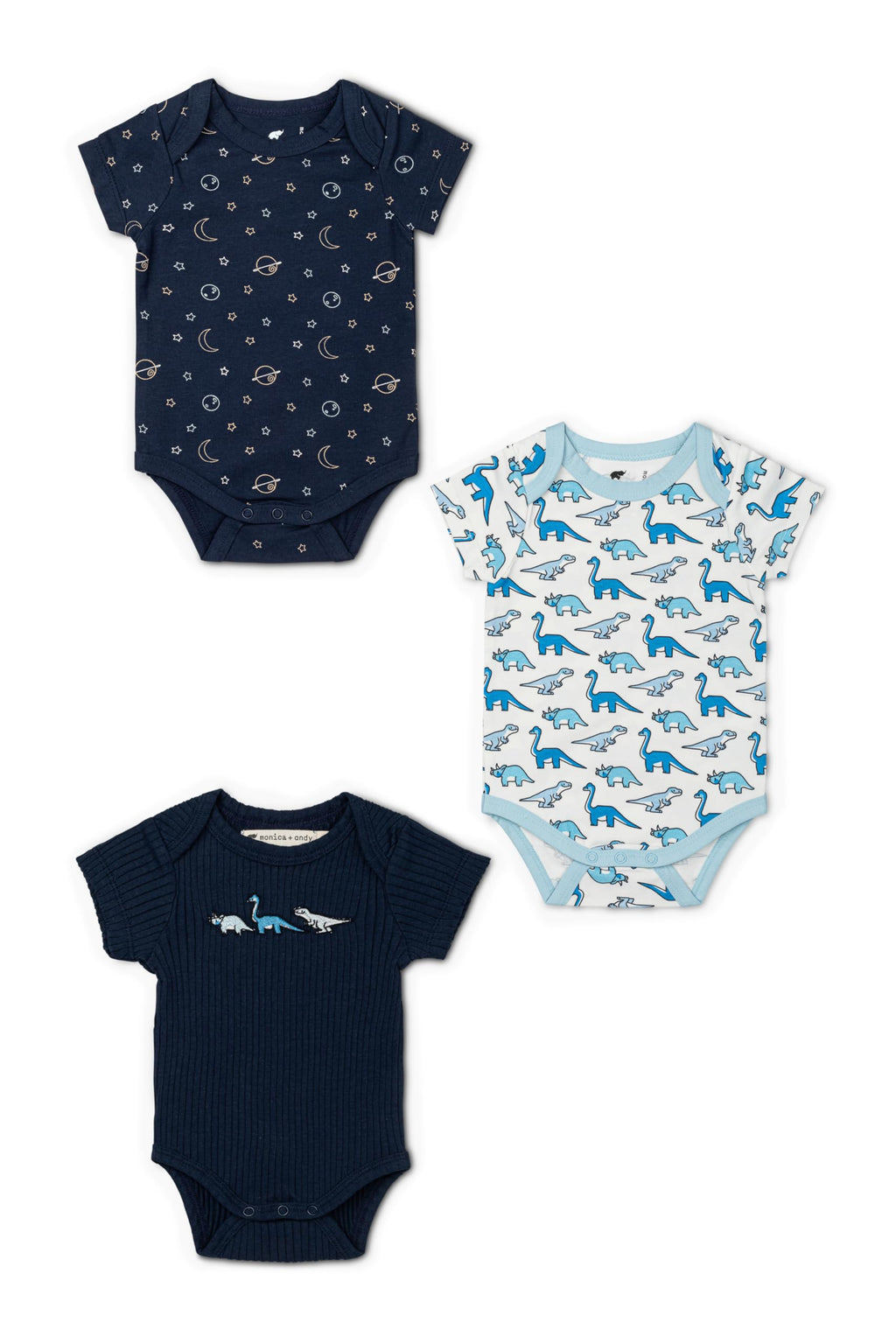 monica + andy Short Sleeve Jack & Jill Bodysuit 3-Pack, Size Newborn, Dinosaur & Space Print, 100% Organic Baby Clothes for Boys & Girls, Sustainable Super Soft Cotton, Newborn, Infant & Toddler Sizes
