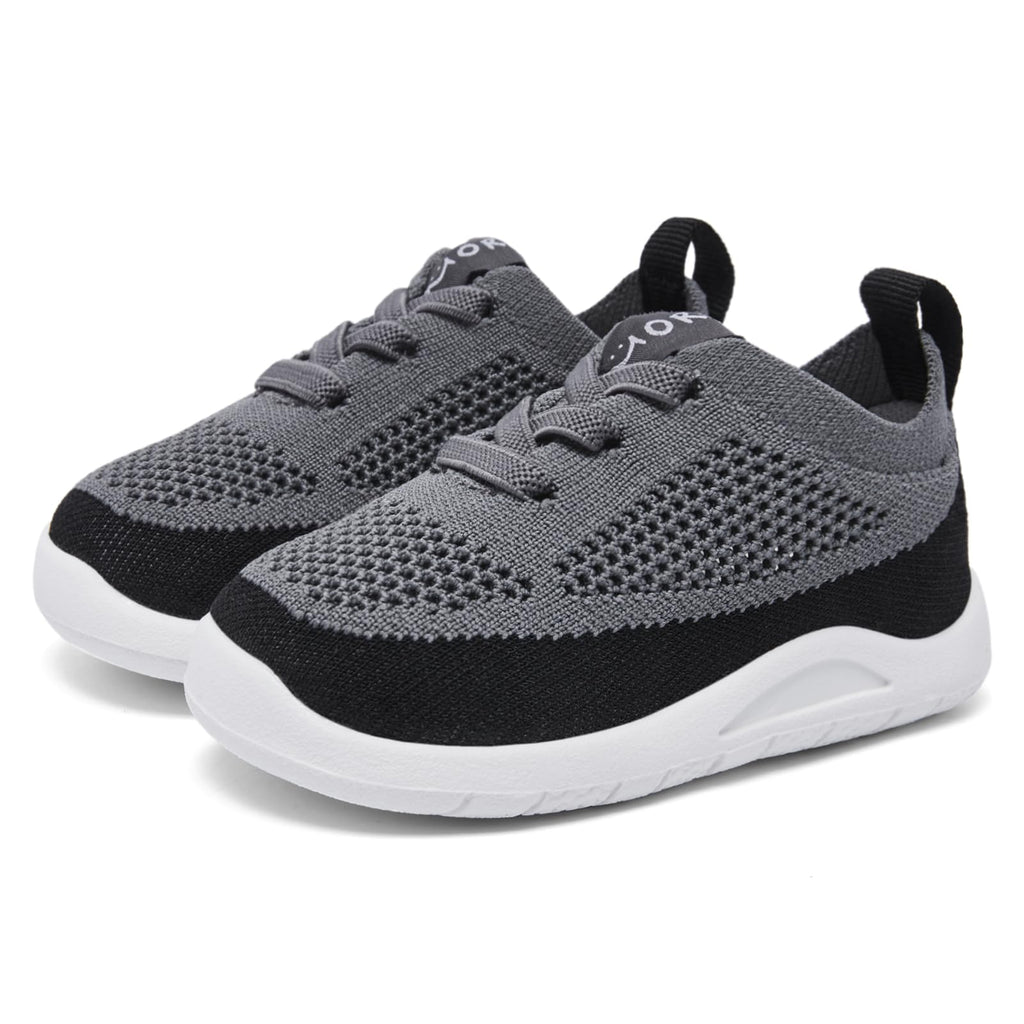 MORENDL Toddler Sneakers Baby Non-Slip Lightweight Breathable Barefoot Shoes Infant Tennis Walking Shoes Black Mesh 12-15 Months