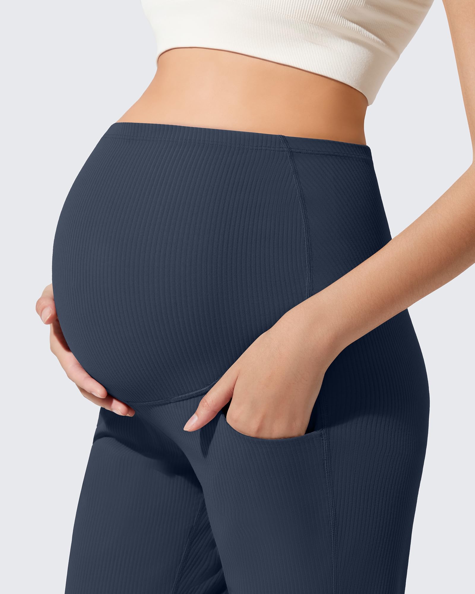 G4Free Maternity Flare Leggings Bell Bottom Stretchy Pregnancy Casual Pants with Pockets Comfy Stretch Trousers Over The Belly(Dark Navy,L,Regular)