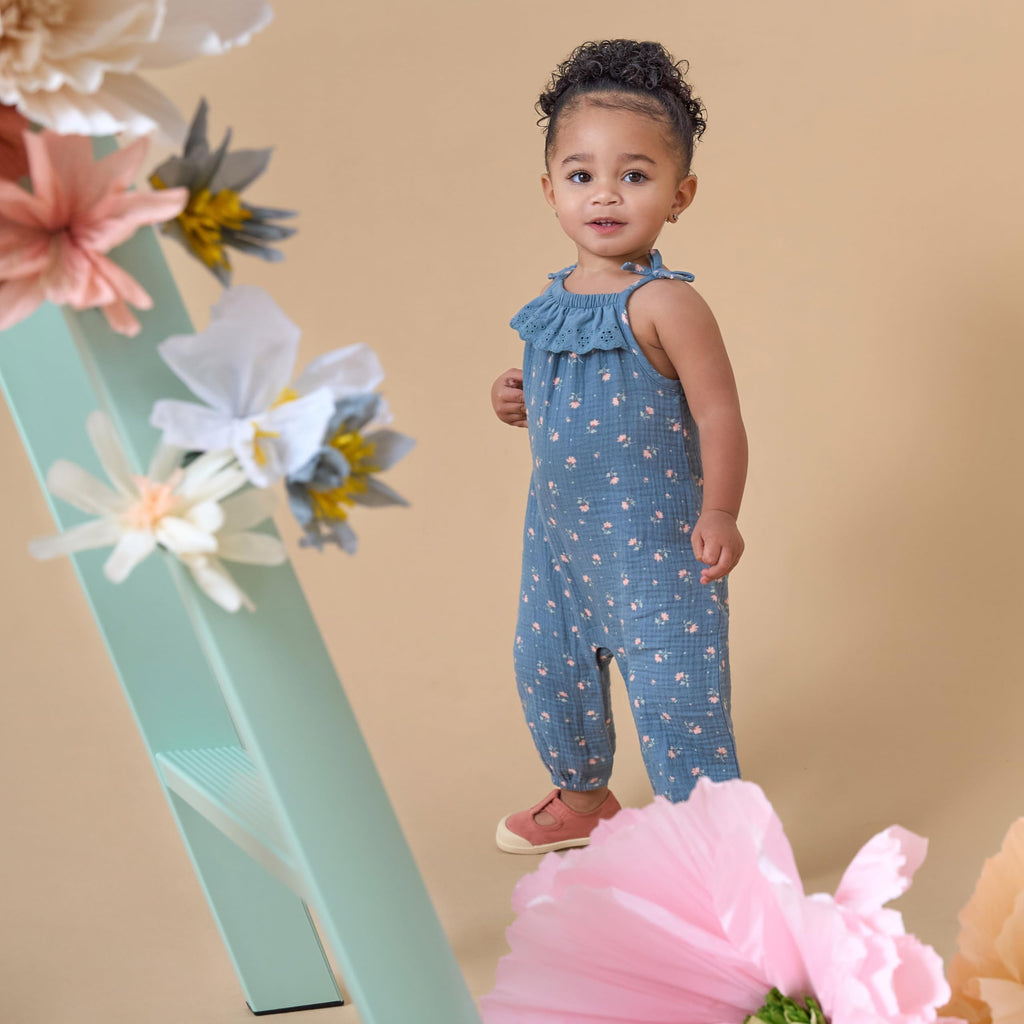 Modern Moments by Gerber Baby Girls' Sleeveless Ruffle Romper, Dark Teal Aster Flower, 6-9 Months
