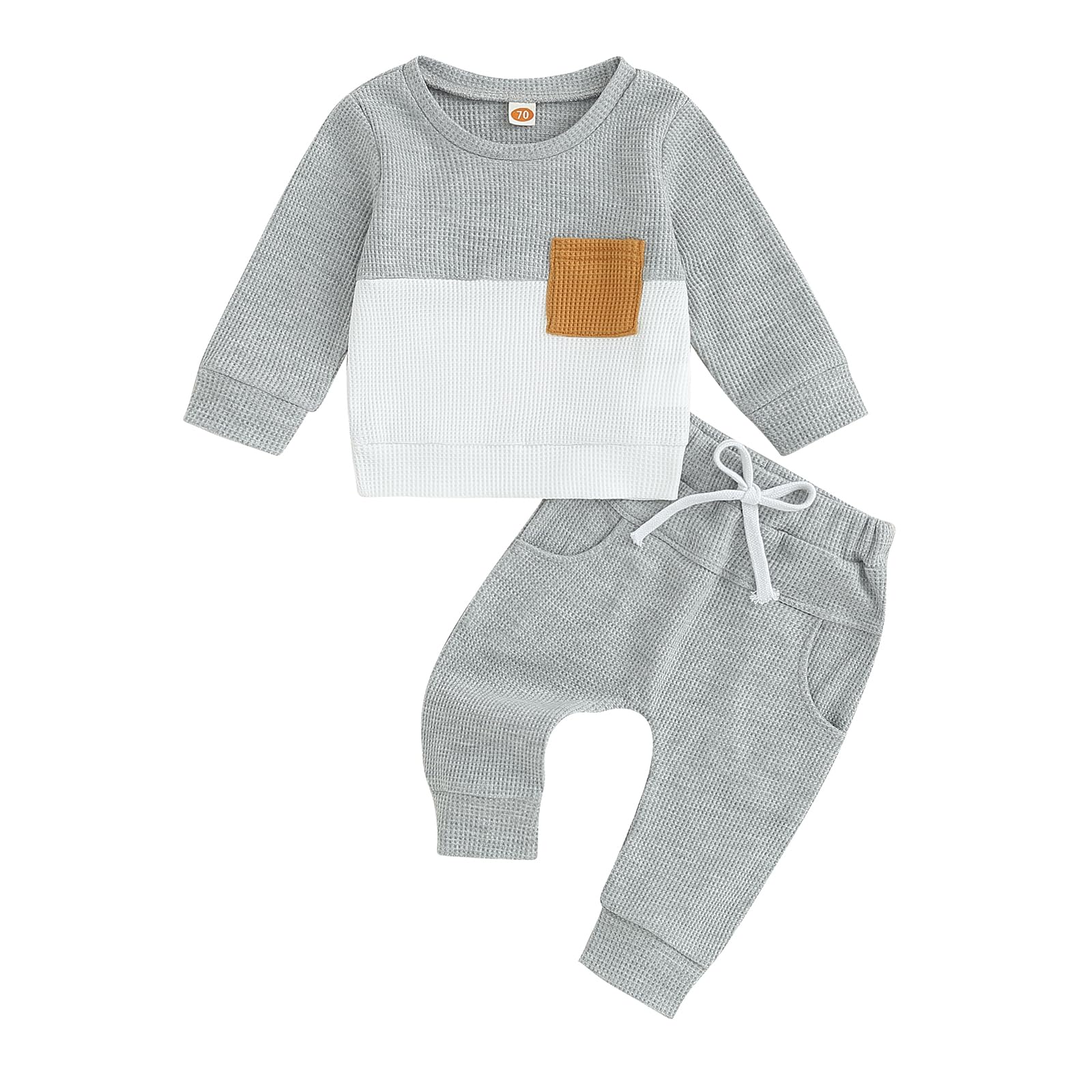 Fufuriprefer Toddler Baby Boy Fall Clothes Waffle outfit Long Sleeve Top Jogger Pant Set (Gray White, 18-24 Months)