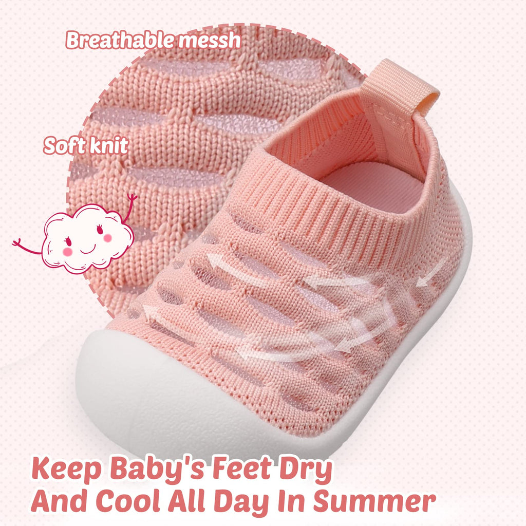 Baby Boy Girl Walking Shoes Infant Toddler Slip-on Sneaker Elastic Breathable Mesh Tennis Shoes Non-Slip Rubber Sole First Walkers Trainers Outdoor (14.5-Pink-6)