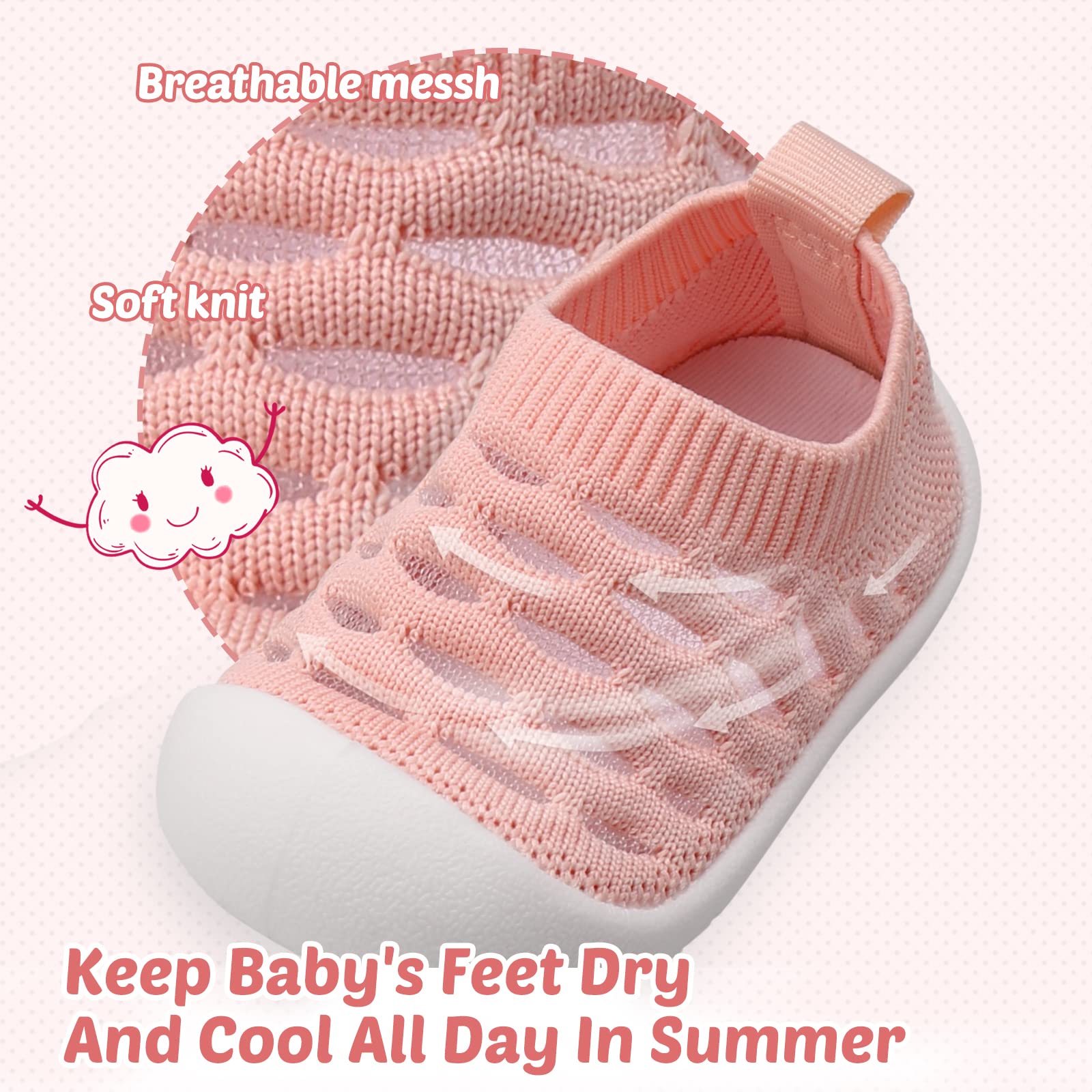 Baby Boy Girl Walking Shoes Infant Toddler Slip-on Sneaker Elastic Breathable Mesh Tennis Shoes Non-Slip Rubber Sole First Walkers Trainers Outdoor (14.5-Pink-6)