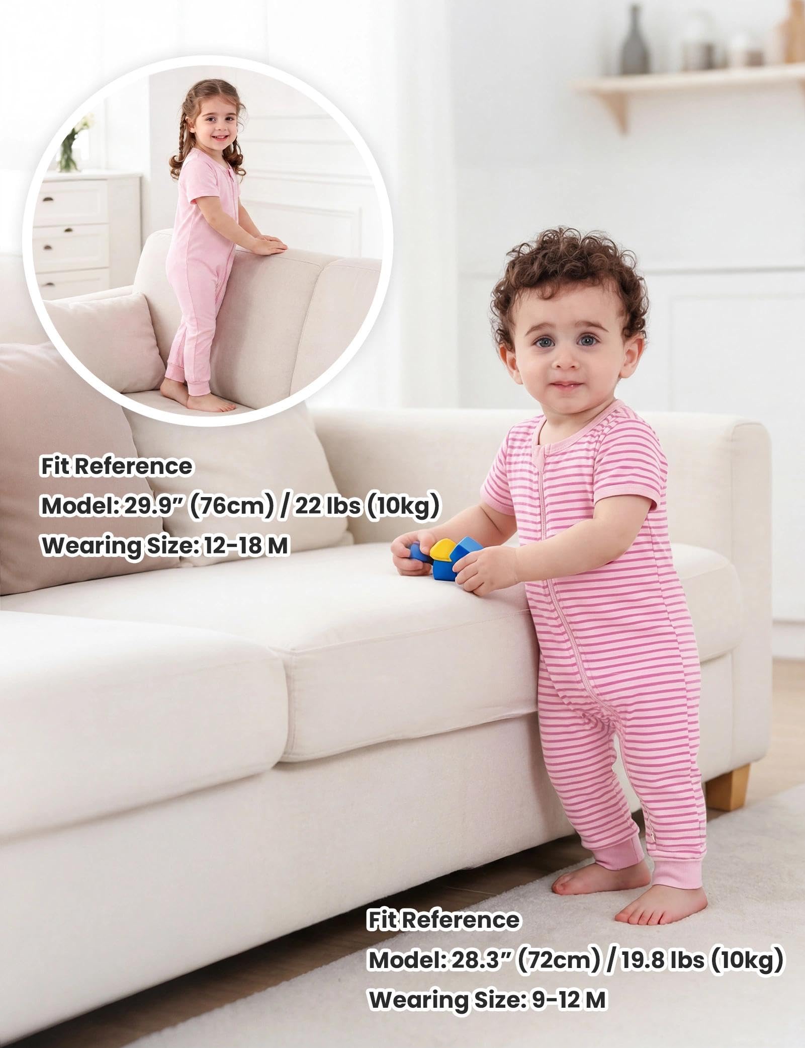 Jimonda Short Baby Footless Pajamas 2-Way Zipper Sleeper 0-24Months(Pink,12-18M)