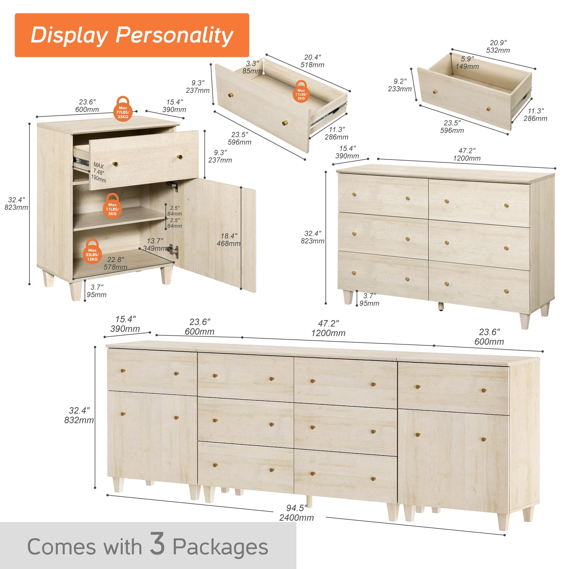 WAMPAT 8 Drawers Dresser Chests for Bedroom, 3-in-1 Modern Light Oak Wood Closet Storage Organizer Furniture with Door and Adjustable Shelves for Kids Room, Nursery, 94.4" Wide