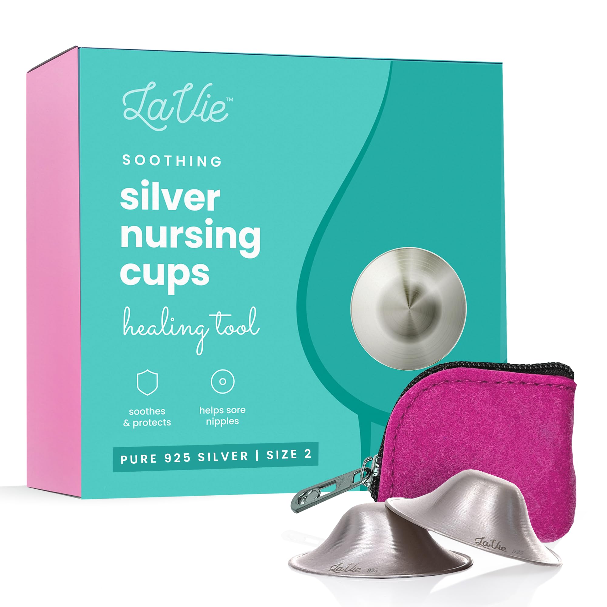 LaVie™ Silver Nursing Cups for Breastfeeding, Soothing Protection for Nursing Nipples of Newborns, Natural Relief for Nursing Moms, 925 Silver Nipple Covers All Natural (Size 2)