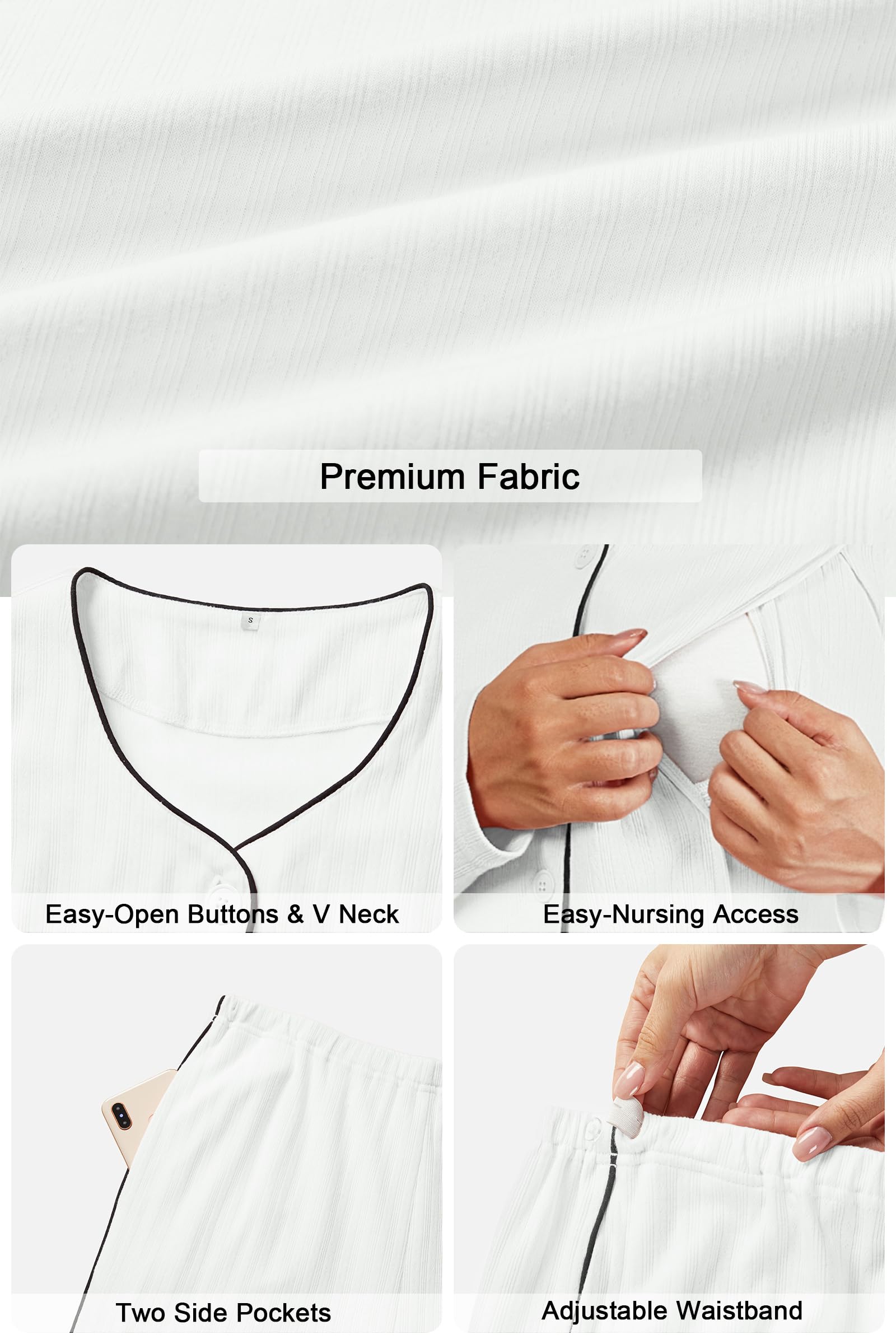 OUGES Maternity Nursing Pajamas Lounge Sets Postpartum Outfits for Women 100% Cotton Button Down V Neck Breastfeeding Sleepwear Set Maternity Clothes White Top & Long Pants with Pockets(White,XXL)