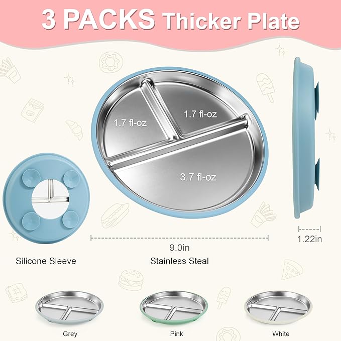 Bella's Friends Stainless Steel Toddler Plates Silicone Suction,3 Packs Non-Slip Baby Plates,Divided Portion,Food-Grade Silicone Plate for Kids,LEAD-FREE Dishwasher Safe, Gray White Green