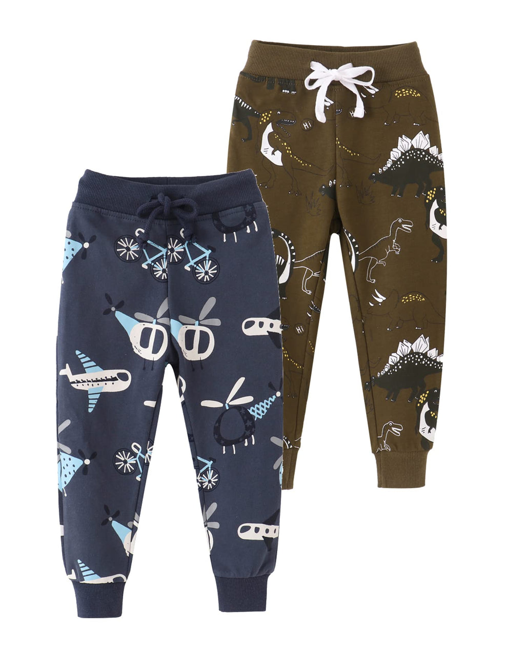 HUAER& Baby Boy's Jogger Pants Dinosaur Car Drawstring Elastic Sweatpants 2-Pack（Dinosaur + Airplane2 7Years