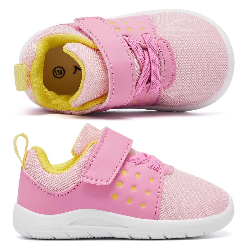 MORENDL Toddler Baby Shoes 0-4 Years Boy Girl Lightweight Breathable Non-Slip Sports Sneakers Running Walking Tennis Barefoot Shoes Pink Yellow 12-15Months