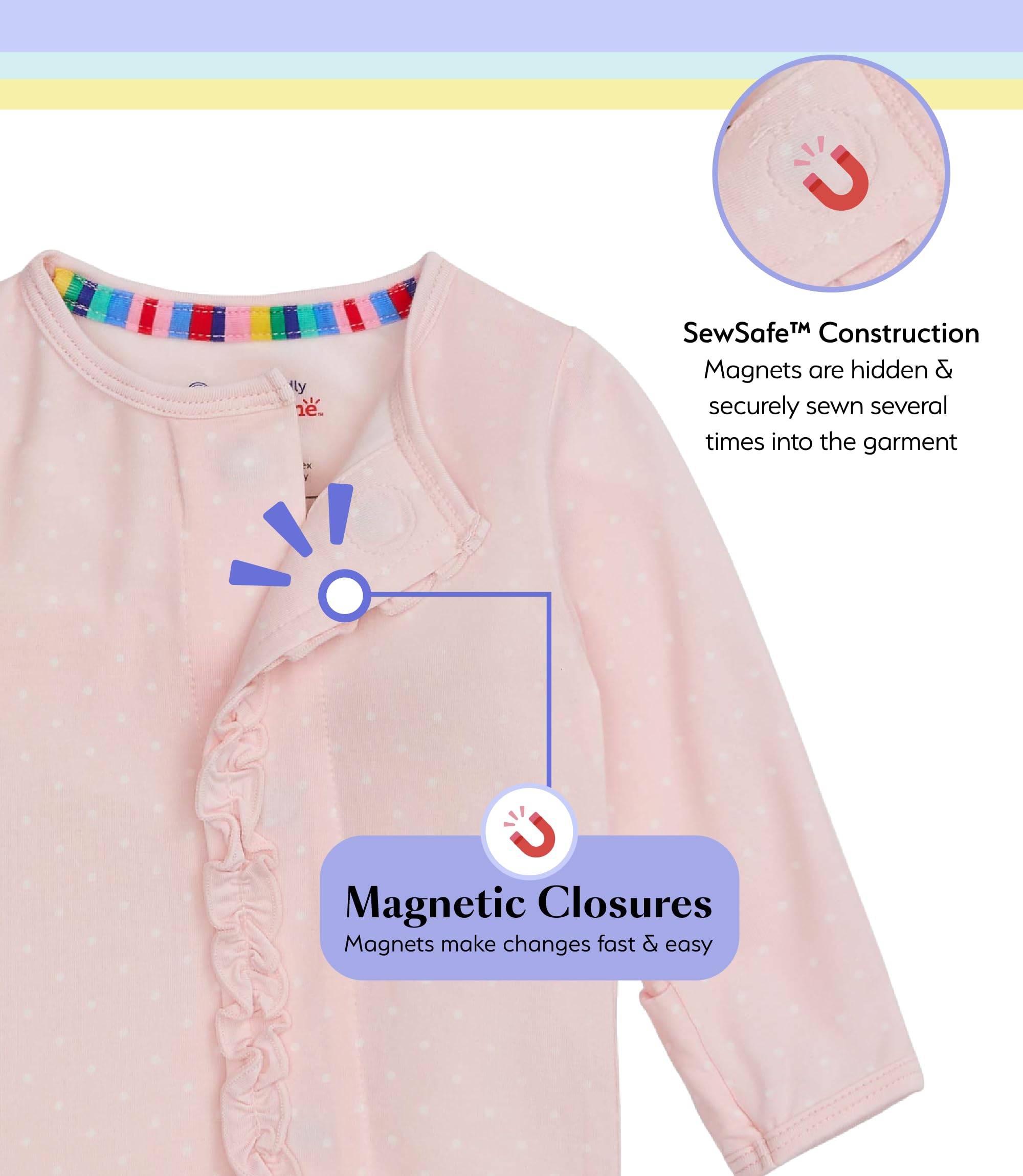 Magnetic Me Girls Modal Magnetic Baby Footie Pajamas | Silky Soft Modal Fabric | Pin Dot Pink Ruffle | 6-9 Months