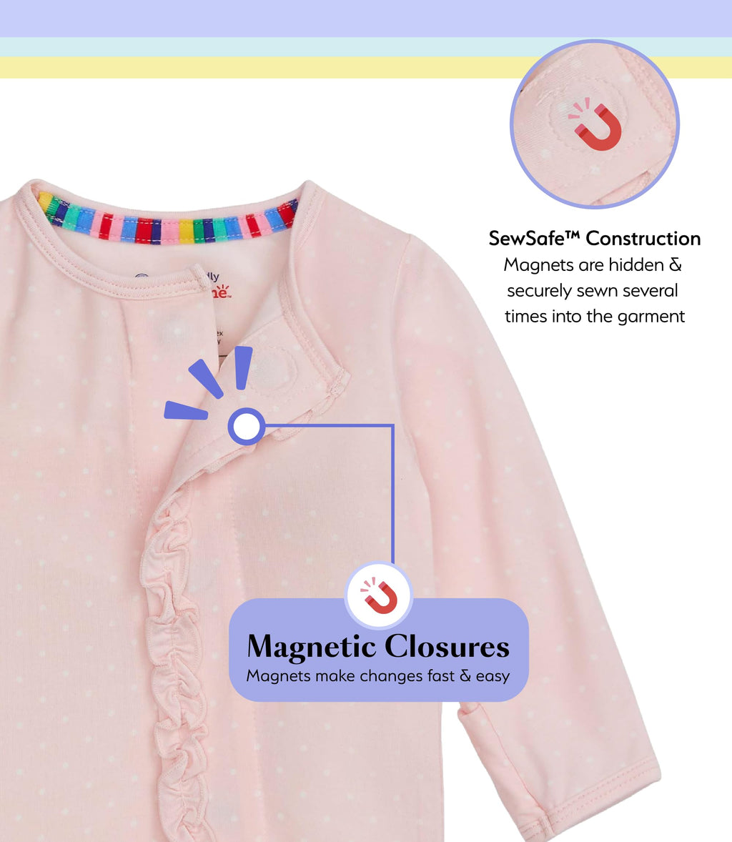 Magnetic Me Girls Modal Magnetic Baby Footie Pajamas | Silky Soft Modal Fabric | Pin Dot Pink Ruffle | 6-9 Months