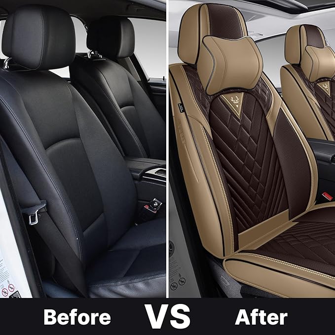 Car Seat Cover Full Set, Seat Cover for Car, Car Seat Cover Car Seat Protector Waterproof Leather Car Seat Cushion Full Coverage Seat Cover Front Seat Fit for Most Cars(2 Seat,Brown&Beige)