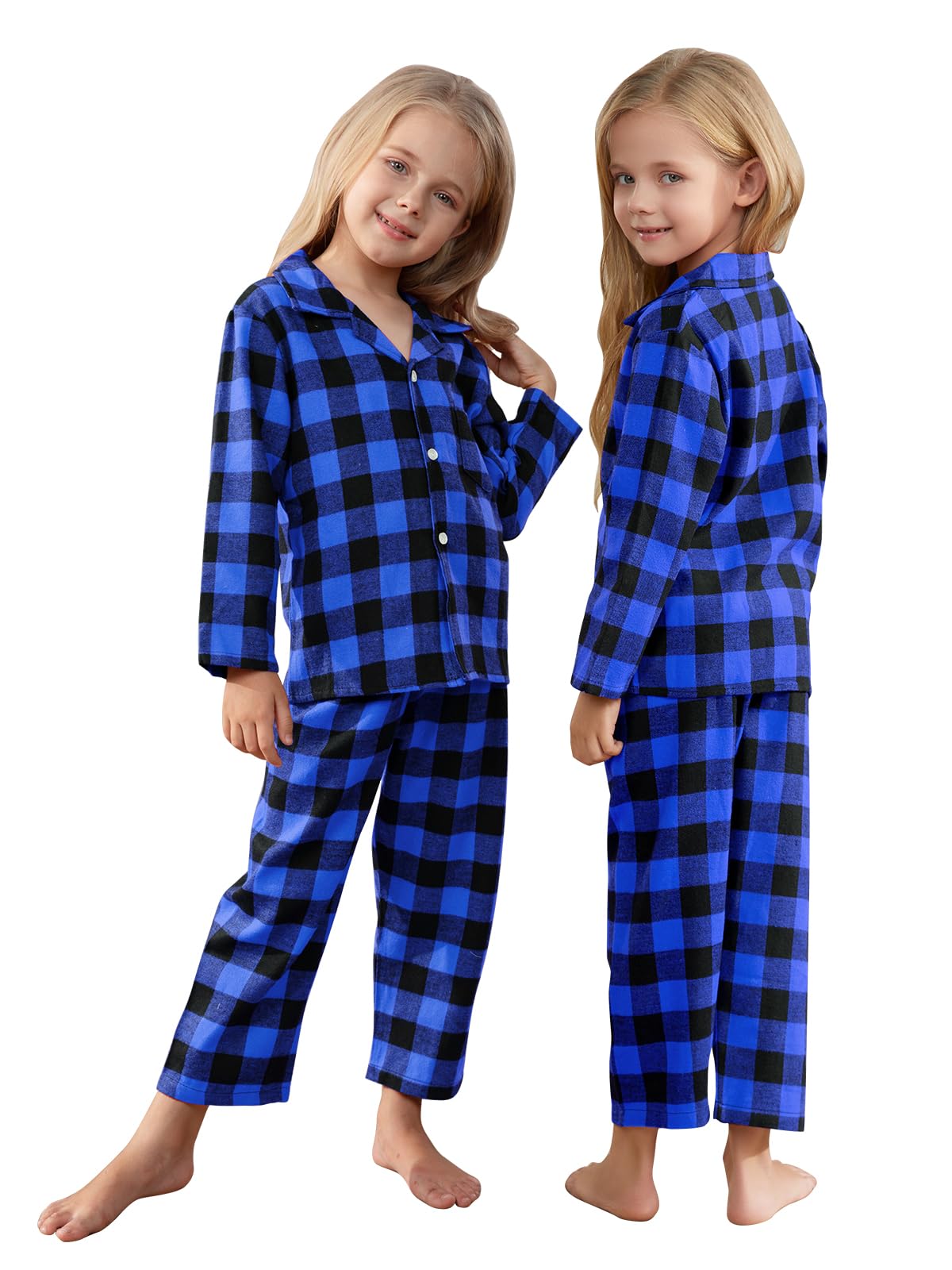 Schbbbta Kids Plaid Pajamas Set, Baby Toddler Little Boy's Girl's 2-Piece Button Down Sleepwear Pjs, Black Blue, 3-4T = Tag 110