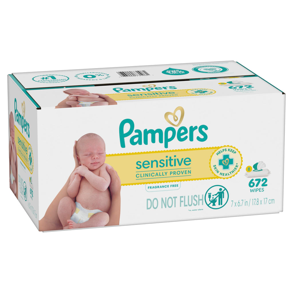 Pampers Sensitive Baby Wipes, Clinically Proven, Fragrance Free, Unscented, Water Based, Hypoallergenic Baby Wipes, Multi-Use Wipe, Hand Wipe 672 Total (12X Flip-Top Packs)