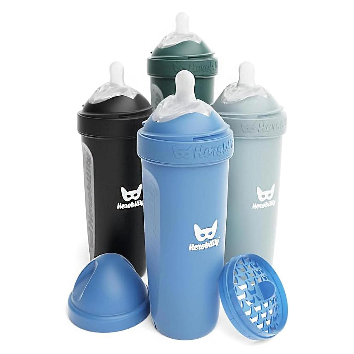 Herobility Anti-Colic Baby Bottles 8.5 fl oz/240ml - Pack of 4 Plastic Baby Bottles, Slow Flow Plastic Bottles, Breast-Shaped Teat for Breastfed Babies, – Multicolor - White, Gray, Iron Blue, Blue