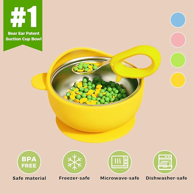 Stainless Steel Baby Bowls with Suction, 2-in-1 Toddler Feeding Set SUS304 Non-Toxic | Unbreakable & Anti-Scald | Super Strong Suction Base | Dishwasher Safe | Perfect Baby Gift - 3Pack Cu.Ft.