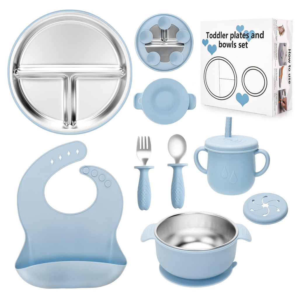 MISSLILI Stainless Steel Kids Plates and Bowls Set with Suction - (Blue)