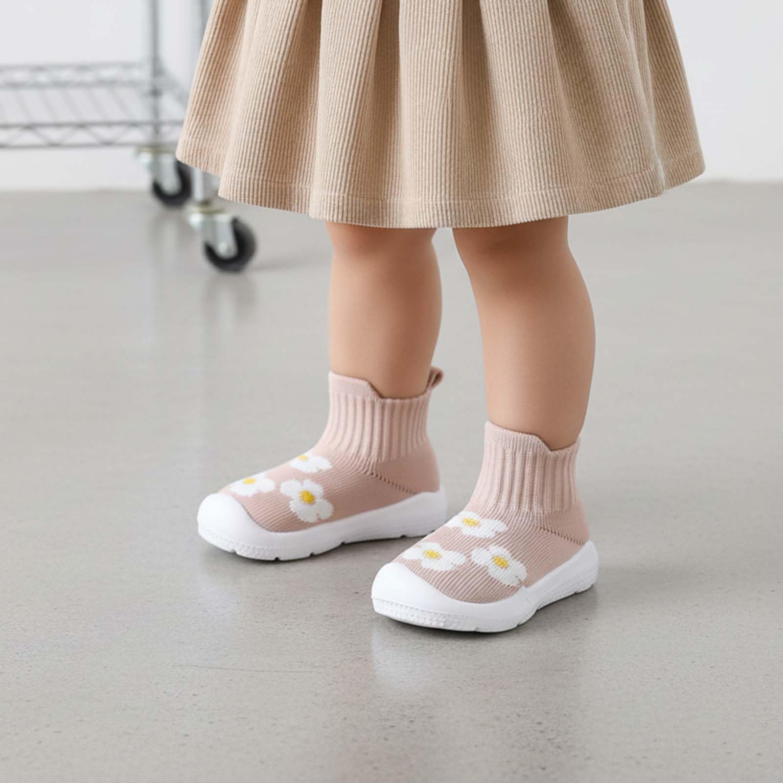 MORENDL Toddler Sock Shoes Baby Walking Shoes Infant Slippers Boys & Girls Non-Slip Sneakers Beige Flower 12-15 Months
