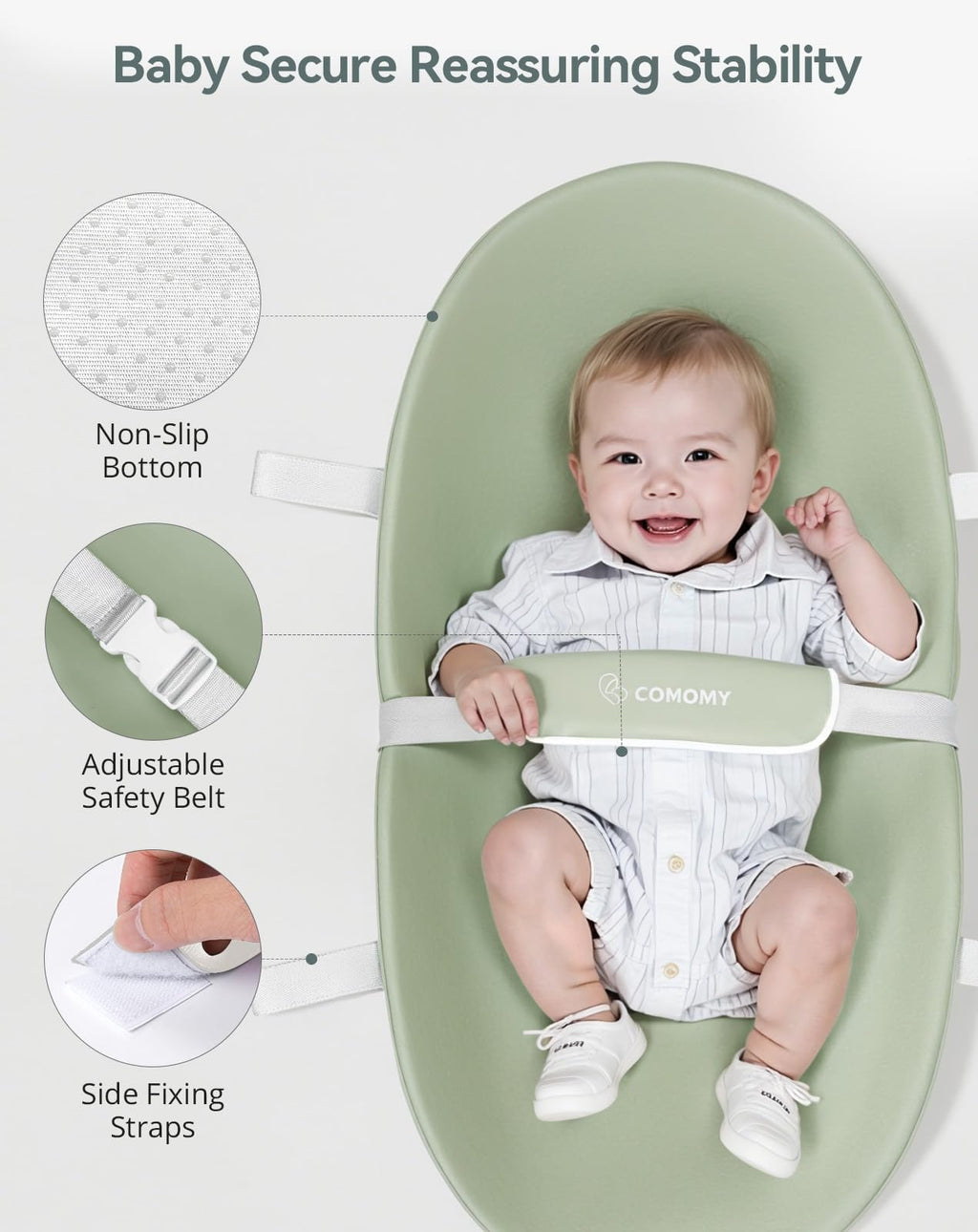 COMOMY Baby Changing Pad with Wipeable & Waterproof PU Cover, Contoured Diaper Changing Pad for Dresser with Non-Slip Safety Belt, Portable and Lightweight, Large Cushioned Foam, Green