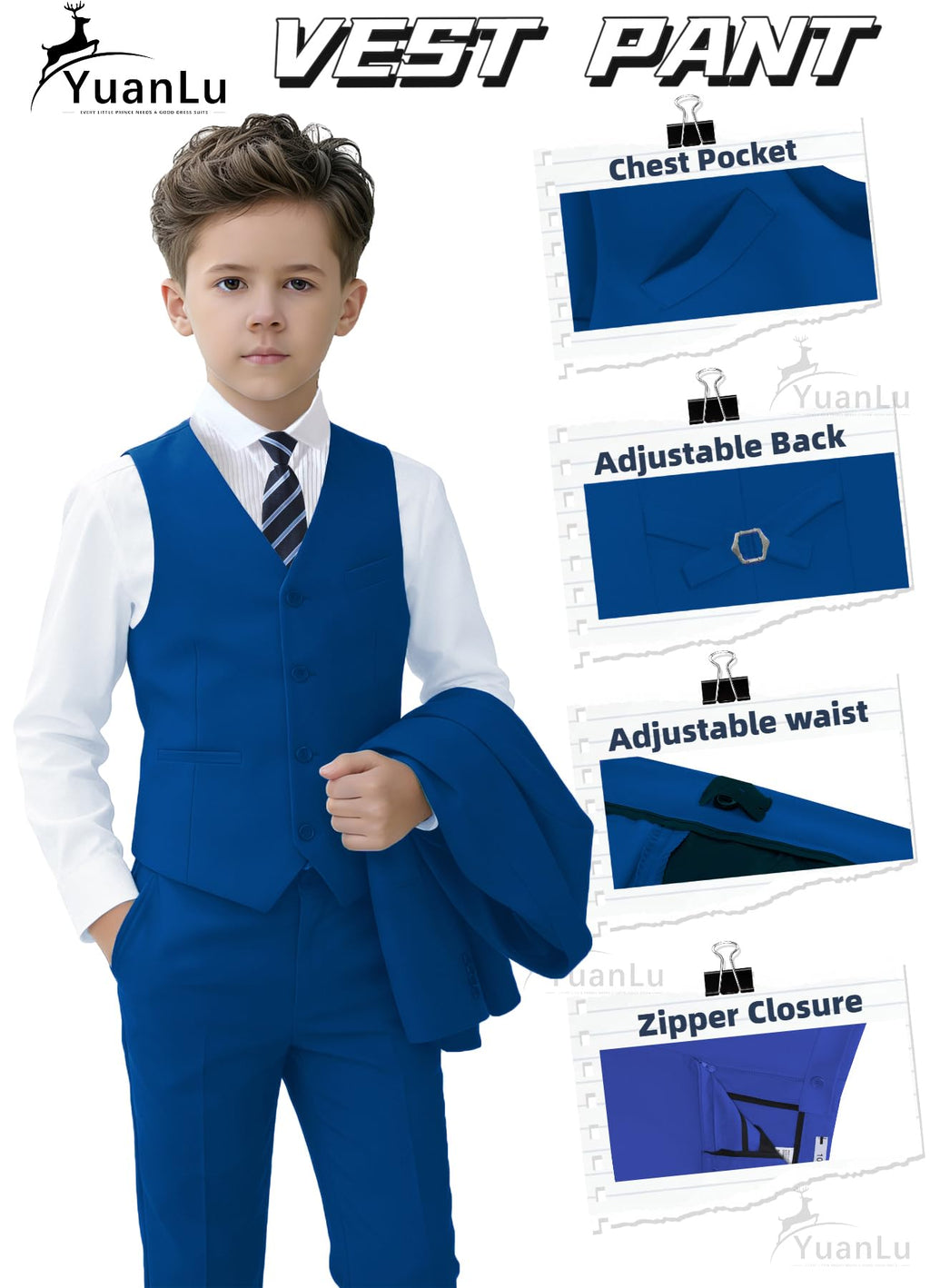 YuanLu Boys Tuxedo Slim Fit Dress Clothes Royal Blue Kids Suits Size 10