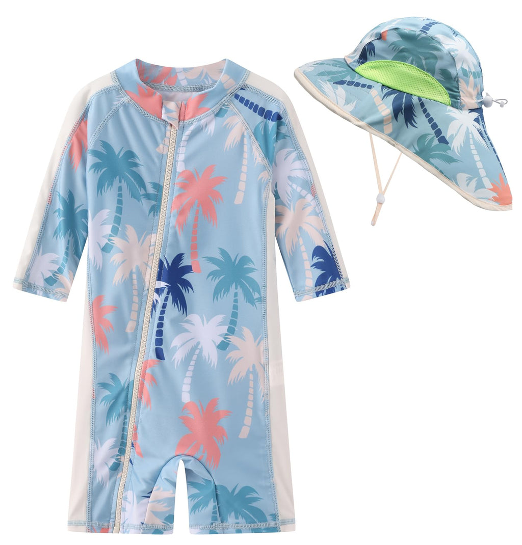 Toddler Baby Boys Swimsuit Rashguard One Piece Zipper Bathing Suit with Sun Hat Infant Swimwear Sunsuit UPF 50+（Tropic Affair，6-9 Months）