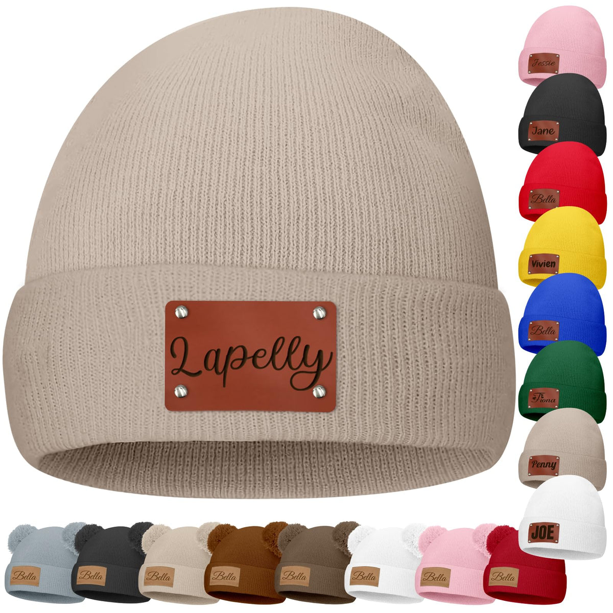 Custom Baby Beanies Personalized Toddler Winter Hats Name Leather Patch Kids Knit Warm Hat for Infant Boys Girls Adult Grey