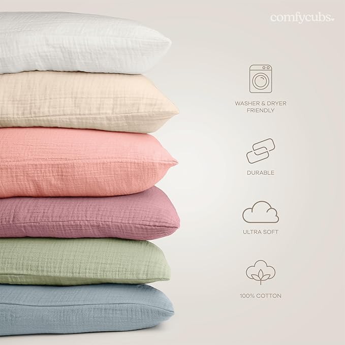 Comfy Cubs Toddler Pillow with Muslin Pillowcase, 13 x 18 in, 2 Pack - Travel and Sleep Support for Kids - Lightweight, Breathable Microfiber Fill - Soft and Cozy Small Pillow for Toddlers - Sage