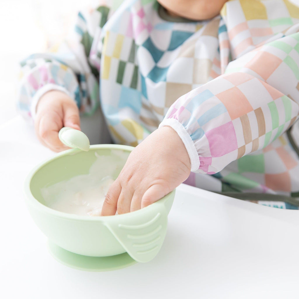 Bumkins Sleeved Bib for Girl or Boy, Baby and Toddler for 6-24 Mos, Essential Must Have for Eating, Feeding, Baby Led Weaning Supplies, Long Sleeve Mess Saving Food Catcher, Soft Fabric, Multi Check