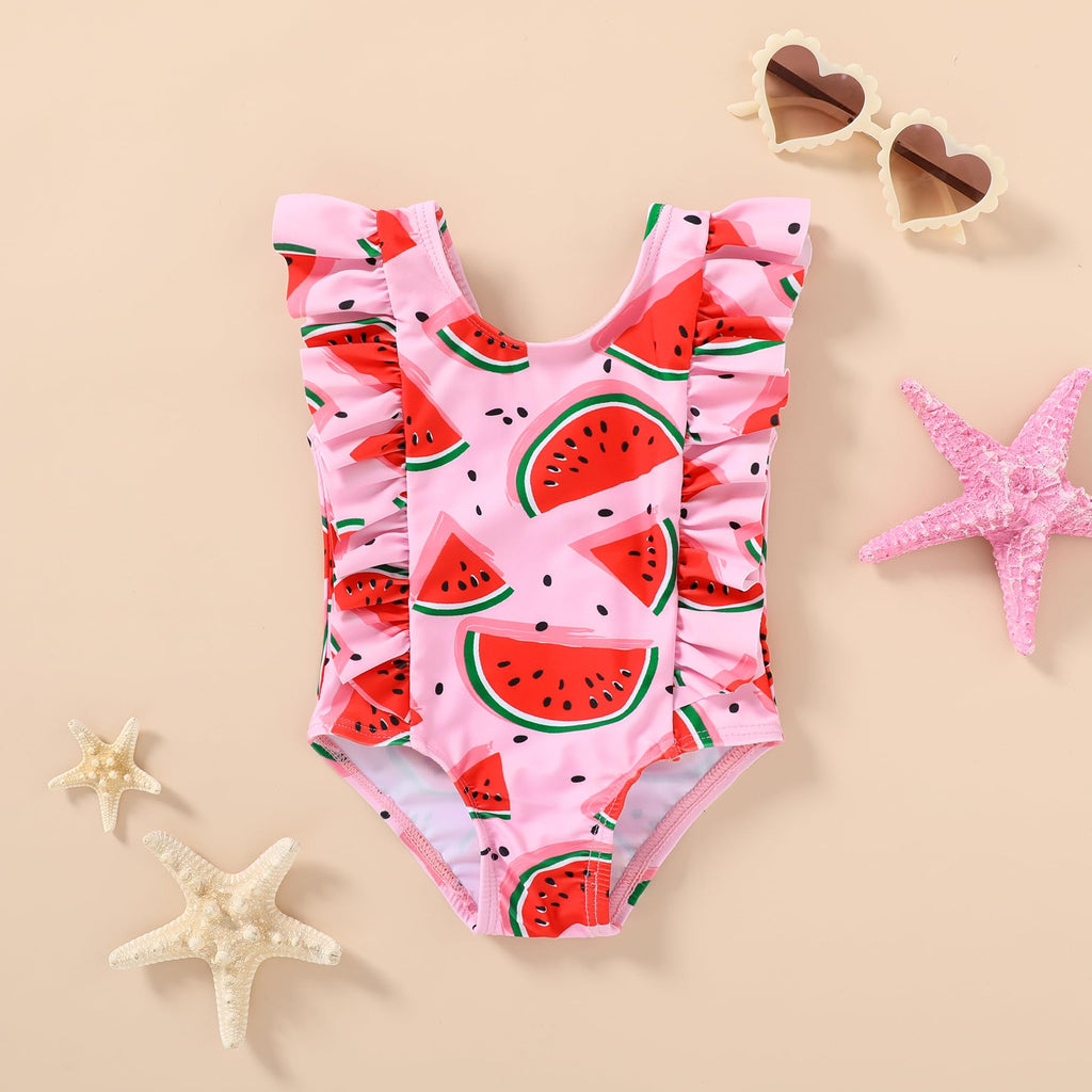 Happy Town One-Piece Infant Toddler Baby Girl Summer Swimsuit Watermelon Leopard Ruffle Swimwear Bikini Bathing Suit (Pink Watermelon, 3-6 Months)