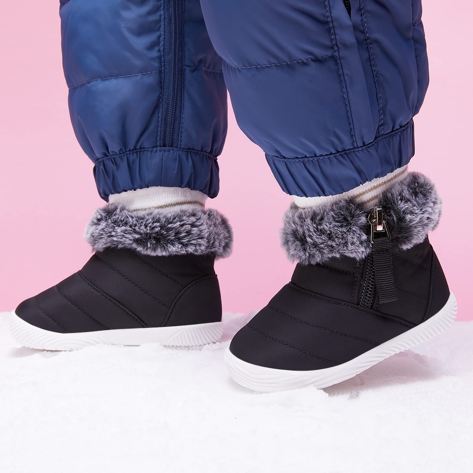 BMCiTYBM Baby Boy Girl Snow Boots Waterproof Infant Winter Warm Booties Nonslip Lightweight Outdoor Shoes for First Walkers 6 9 12 18 24 Months Black Size 6-12 Months