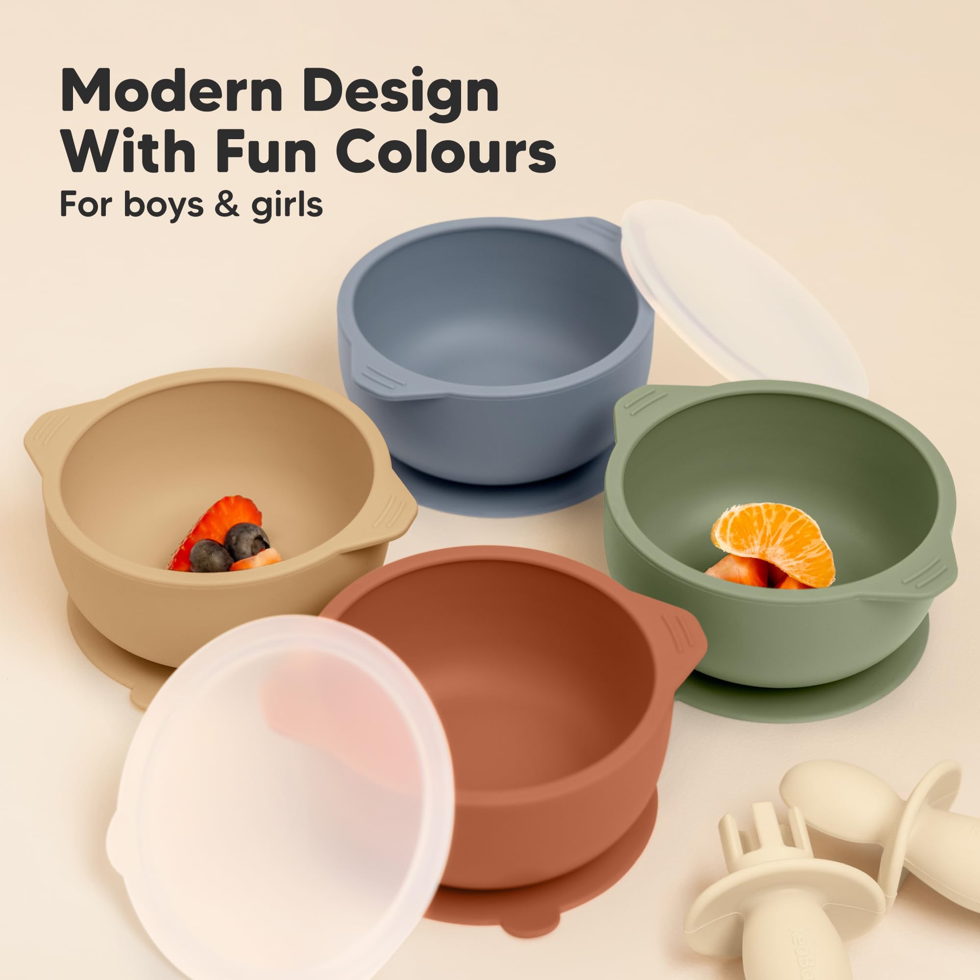 KeaBabies 2-Pack Baby Bowls with Suctions, Lids, Silicone (Terracotta)