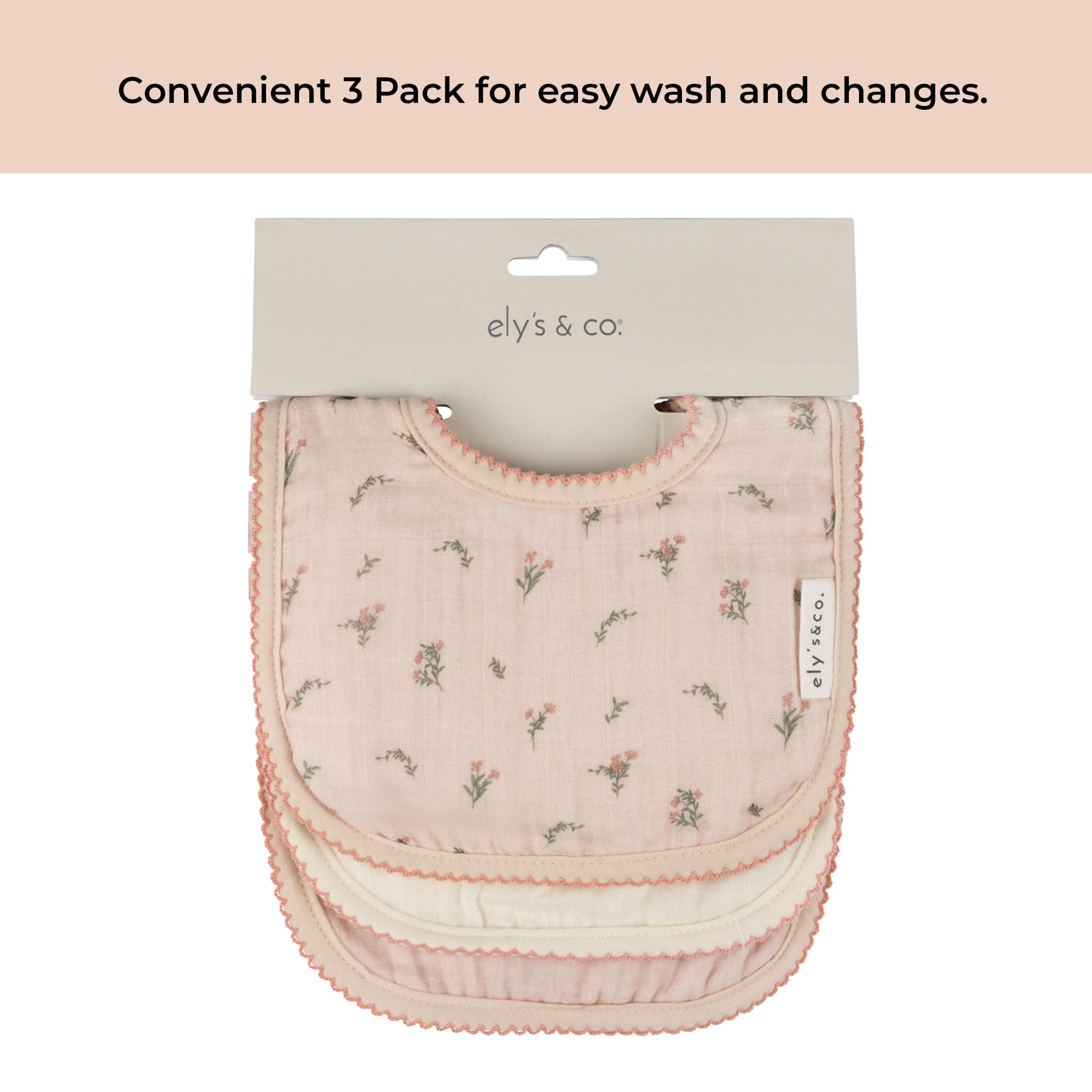 Ely's & Co. 100% Cotton Muslin Bib with Terry lining Soft & Absorbent for Infants, Adjustable Snaps 3 Pack 0-6 Months (0-6 Months, Gingko Pink and Ivory) For Baby Girl