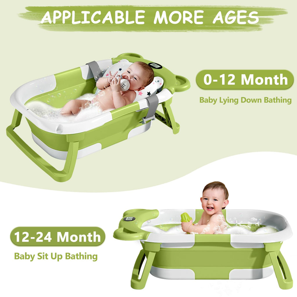 MoreFeel Collapsible Baby Bathtub for Newborn with Thermometer,Portable Travel Bathtub with Drain Hole, Durable Foldable Baby Tubs for Infants to Toddler