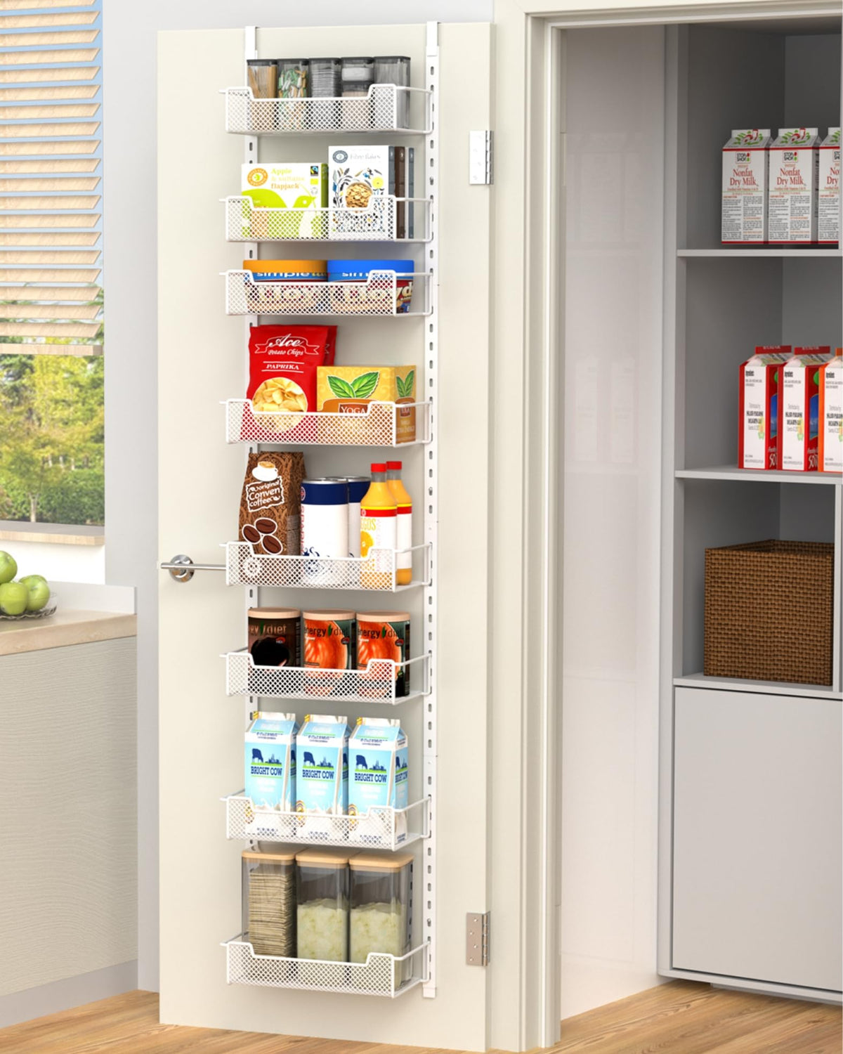 VyGrow 12.3" W Narrow Over the Door Pantry Organizer, 8-Tier Over the Door Organizer with Adjustable Basket, Pantry Door Organization for Pantry Kitchen Storage Room Spice Rack, White