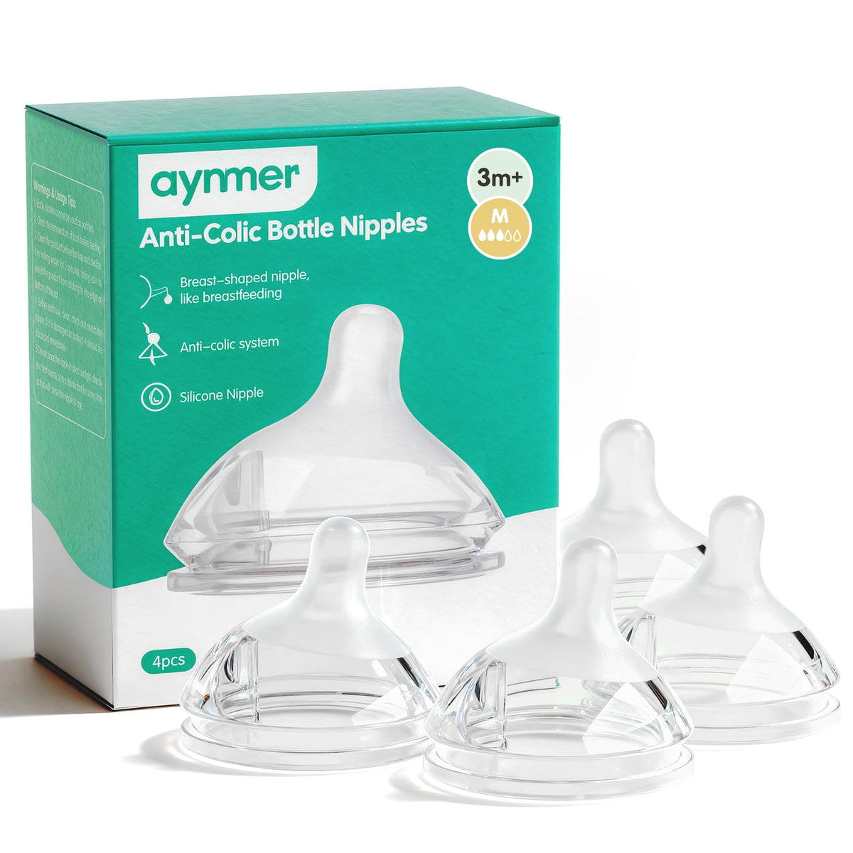 Aynmer Natural Flow Baby Bottle Silicone Nipple，0+ Months, 4 Counts (M)