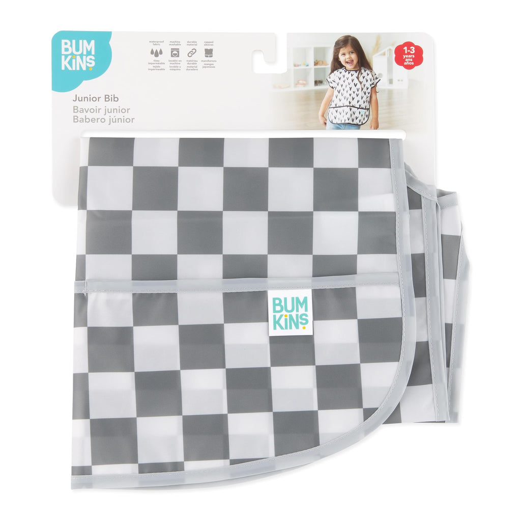 Bumkins Short Sleeve Bib for Girl or Boy, Toddler and Kids for 1-3 Years, Large Size, Essential Must Have for Junior Children, Eating, Mess Saving Soft Fabric Apron for Play, Charcoal Check