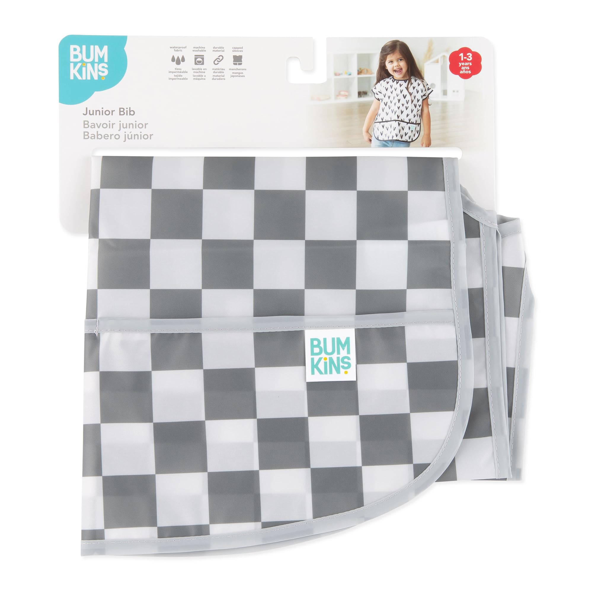 Bumkins Short Sleeve Bib for Girl or Boy, Toddler and Kids for 1-3 Years, Large Size, Essential Must Have for Junior Children, Eating, Mess Saving Soft Fabric Apron for Play, Charcoal Check
