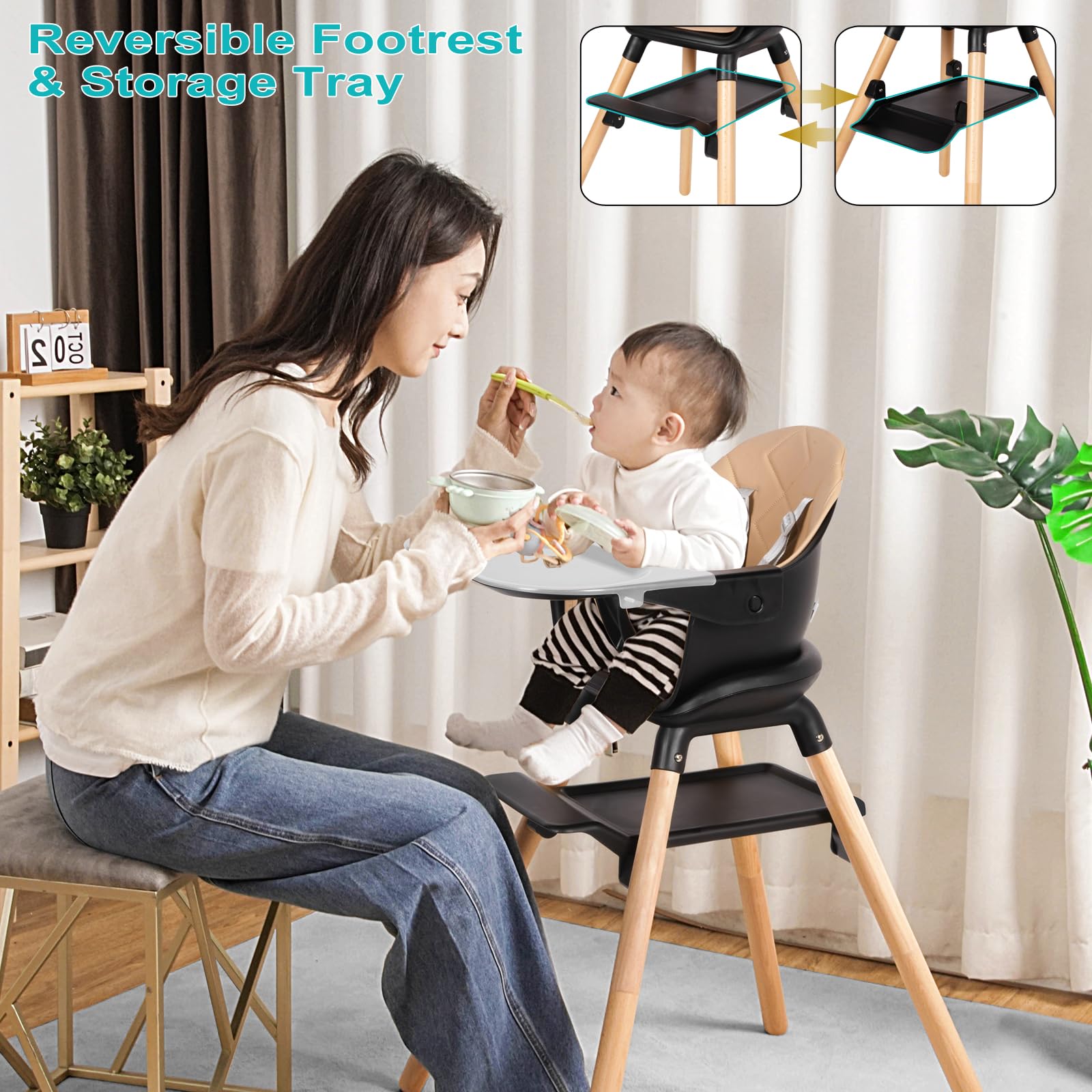 Komcot High Chair, 6 in 1 Wooden Convertible High Chairs for Babies and Toddlers, Booster Seat with Double Tray & Reversible Footrest Baby Highchair, 5-Point Harness Baby Feeding Chair, Black
