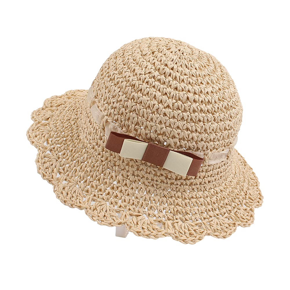 JANGANNSA Baby Girl Straw Hat Outdoor Baby Sun Protection Hats Summer Bowknot Beach Cap for Infant Toddler Girls (Beige Bow, 6-24 Months)