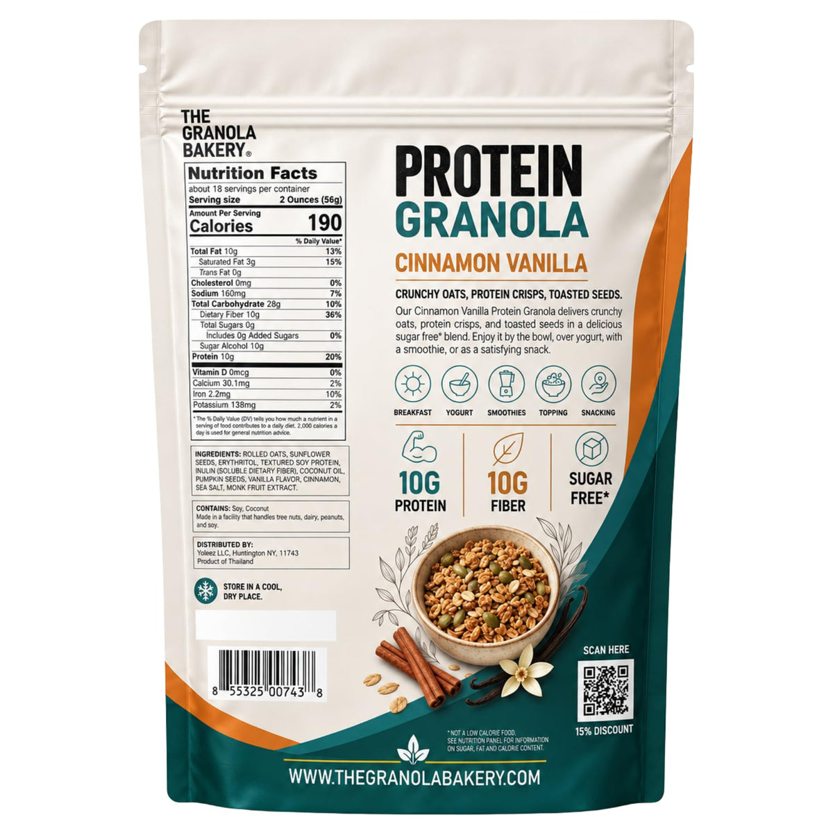 TGB Cinnamon Granola Cereal, 10g Protein, 10g Fiber, Sugar Free, 2.2lb Bag