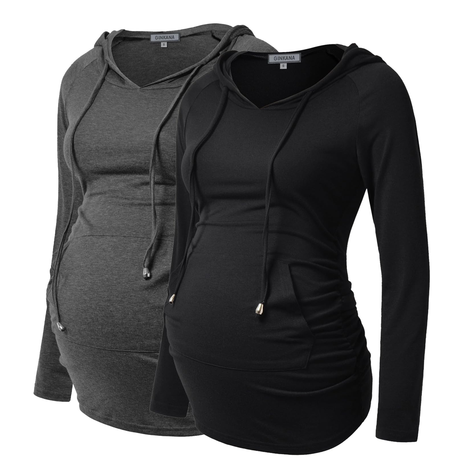 GINKANA Ruched Maternity Hoodie Pullover Shirt Long Sleeve with Pocket Breastfeeding Top,Dark Grey+Black,S
