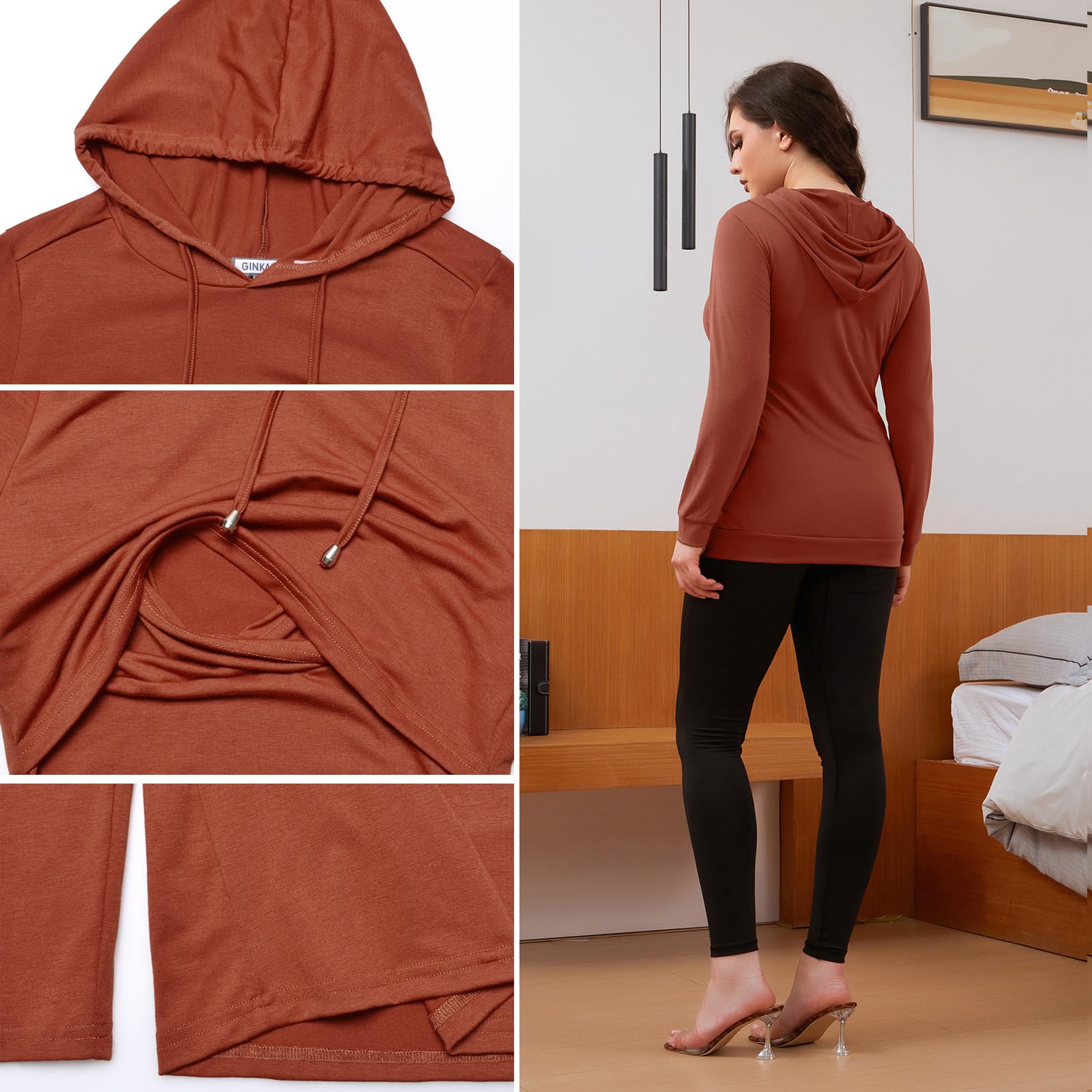 GINKANA Maternity Nursing Clothes Long Sleeve Nursing Hoodie Pullover Lightweight Breastfeeding Sweatshirt,Caramel,M